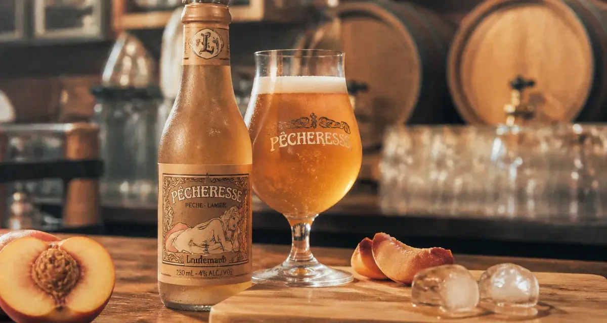 Biere pecheresse dorée aux reflets pêche, lambic et glaçons