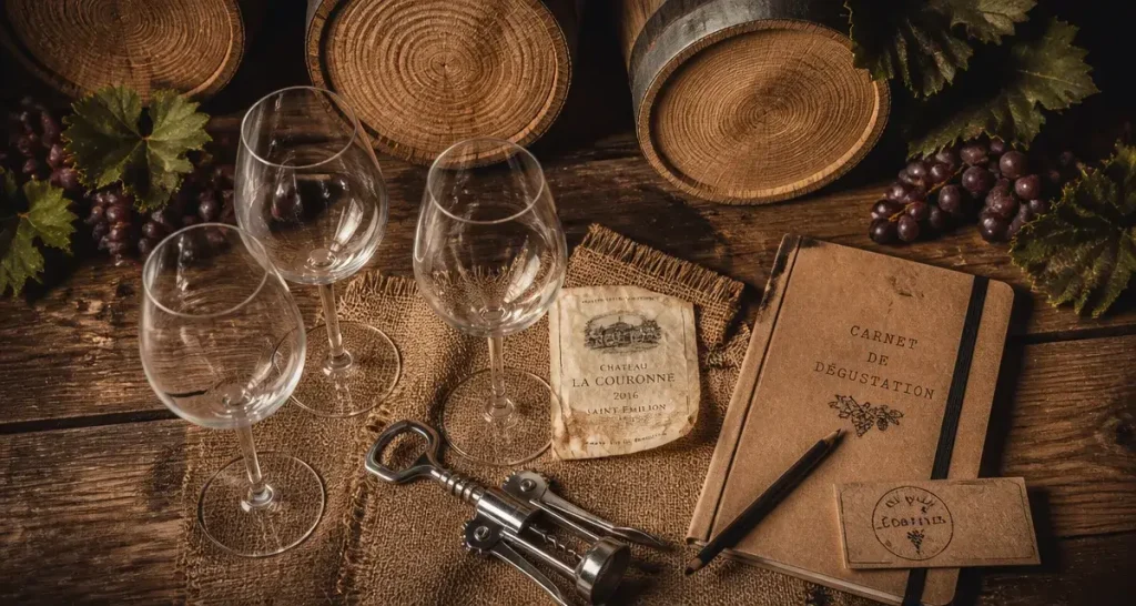 Bordeaux cave à vin : verres et tire-bouchon sur une table bois