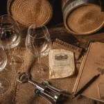 Bordeaux cave à vin : verres et tire-bouchon sur une table bois