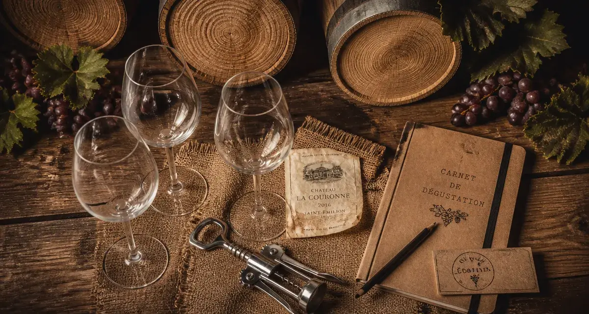 Bordeaux cave à vin : verres et tire-bouchon sur une table bois