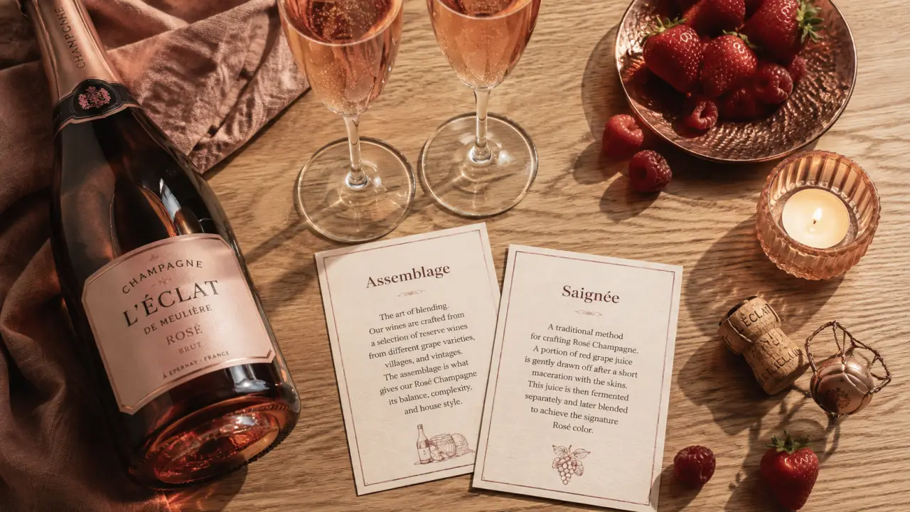 Champagne rosé assemblage ou saignée : bouteille rosé, flûtes et fruits