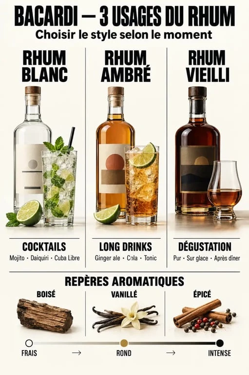 Bacardi alcool : différences entre rhum blanc, rhum ambré et rhum vieilli selon l’usage