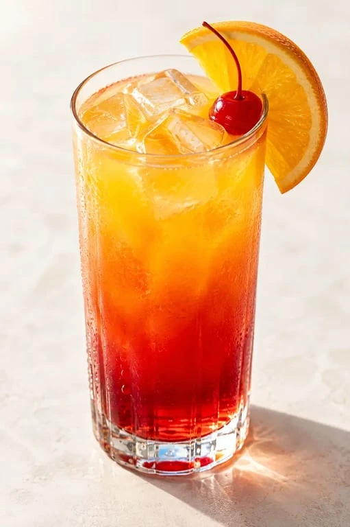 Tequila sunrise recettes : cocktail au dégradé rouge, orange et jaune avec rondelle d’orange