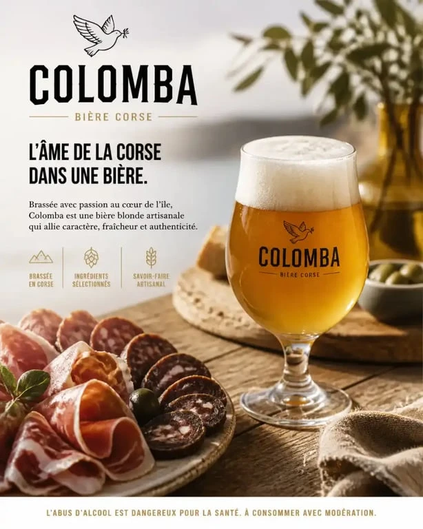Bière Colomba artisanale corse servie avec de la charcuterie