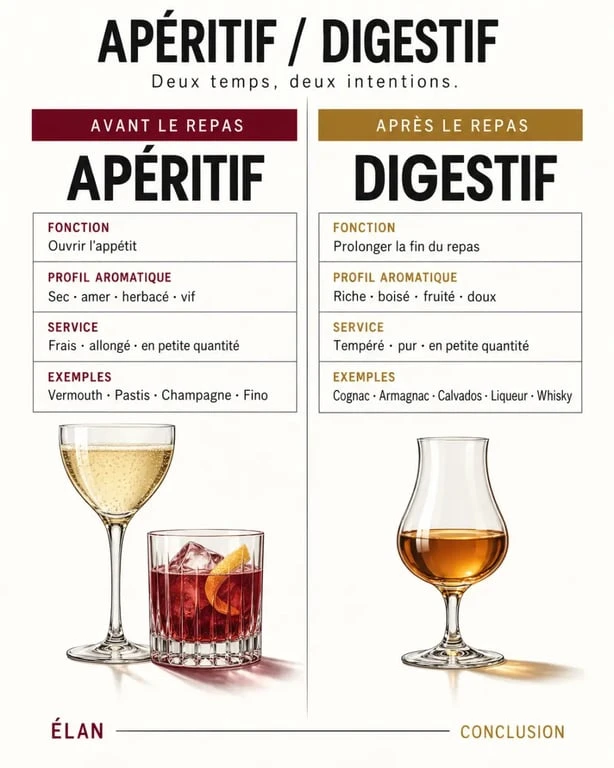 Apéritif digestif : comparaison des moments de consommation, profils et exemples de boissons