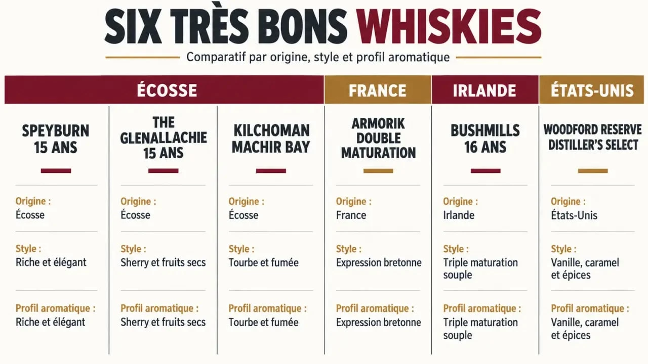 Très bon whisky : comparaison visuelle de six références écossaises, françaises, irlandaises et américaines