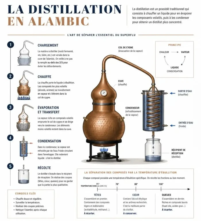 Schéma du processus de distillation des alcools français