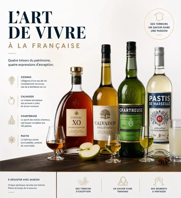 Diversité des alcools français : Cognac, Calvados, Chartreuse et Pastis