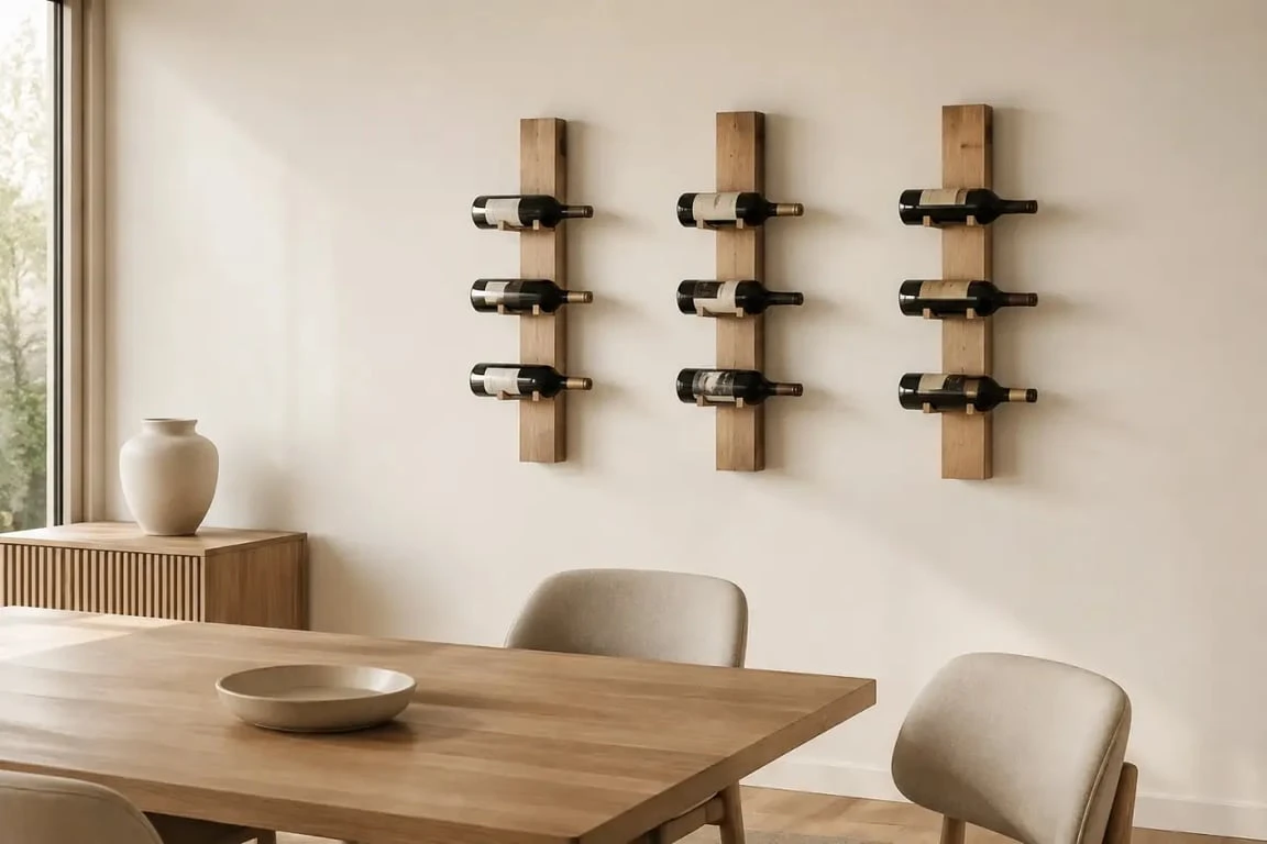 Support mural bouteilles décoratif dans un salon chaleureux avec support en bois naturel