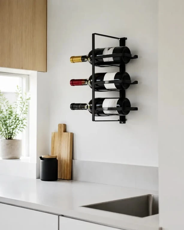 Support mural bouteilles dans une cuisine compacte avec bouteilles alignées au mur