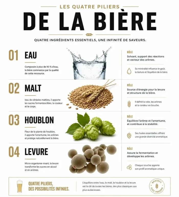 Les quatre ingrédients essentiels pour fabriquer sa bière : eau, malt, houblon et levure.