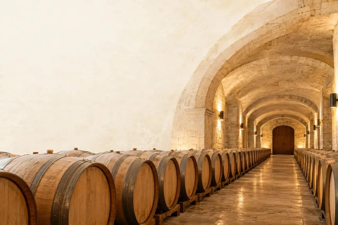 Bordeaux cave à vin historique avec voûtes en pierre et barriques