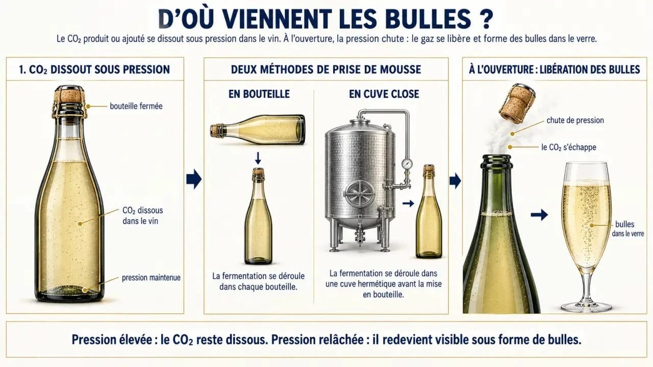 Schéma de l’origine des bulles et des méthodes de production du vin pétillant