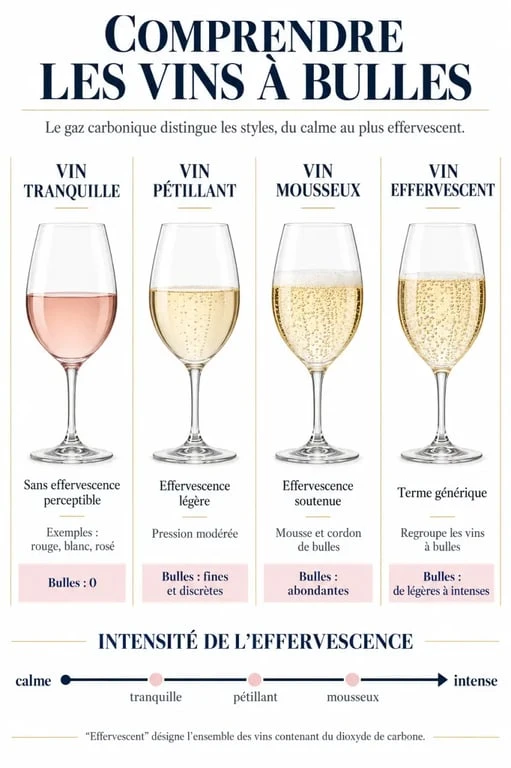 Infographie comparative des différents styles de vin pétillant et de leurs bulles