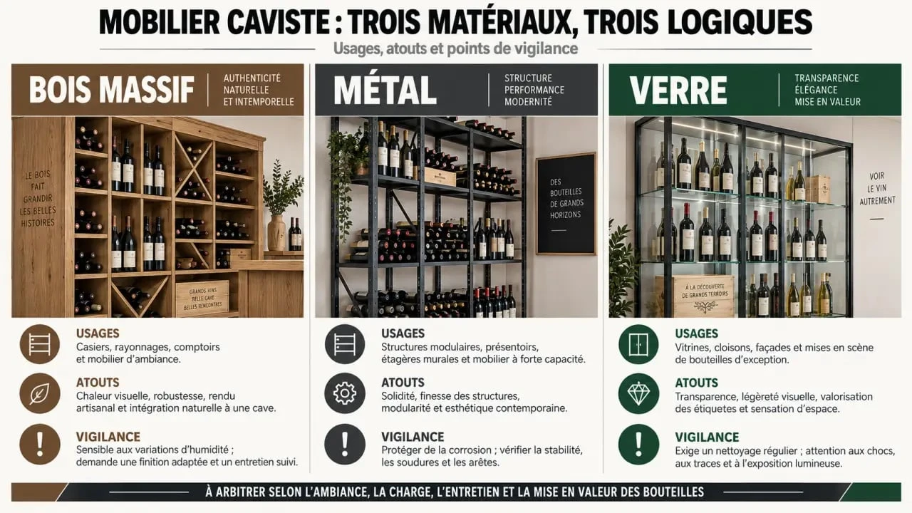 Comparaison des matériaux pour un mobilier caviste en bois massif, métal et verre