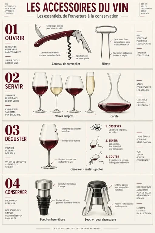 Accessoire vin : infographie des outils pour ouvrir, servir, déguster et conserver une bouteille