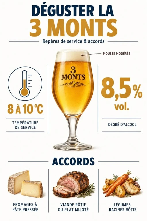 Infographie de dégustation de la bière 3 Monts avec température de service et accords mets