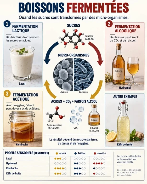 Infographie sur les boissons fermentées et les trois familles de fermentation