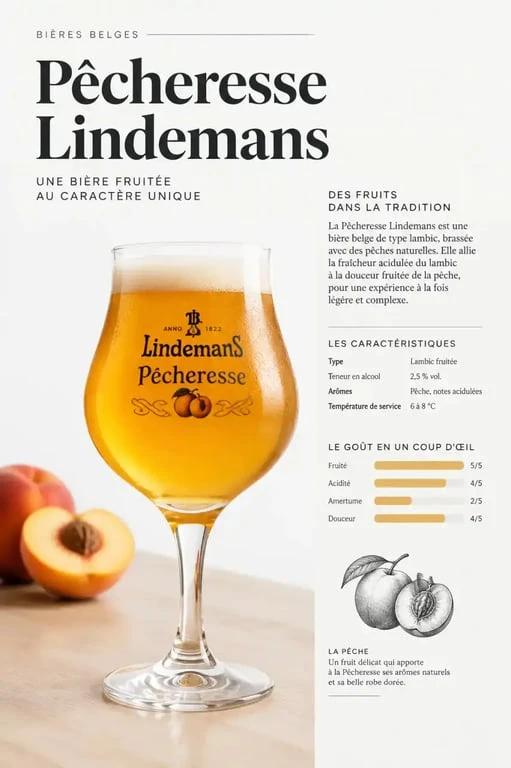 Bière Pêcheresse Lindemans servie dans un verre tulipe pour une dégustation optimale
