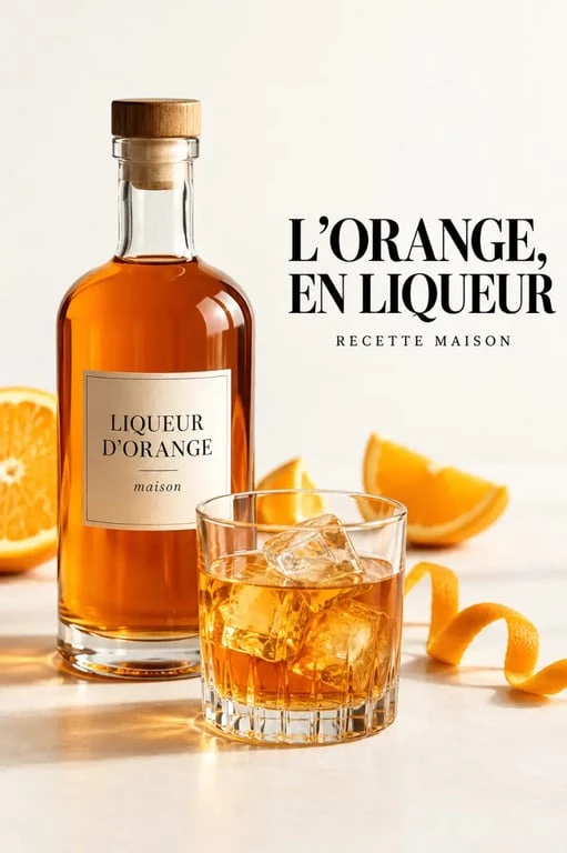 Liqueur d’orange maison servie fraîche sur glace avec zeste d’orange