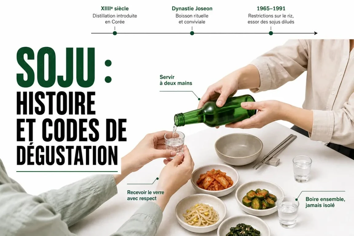 Schéma sur l’histoire et les codes du soju alcool en Corée