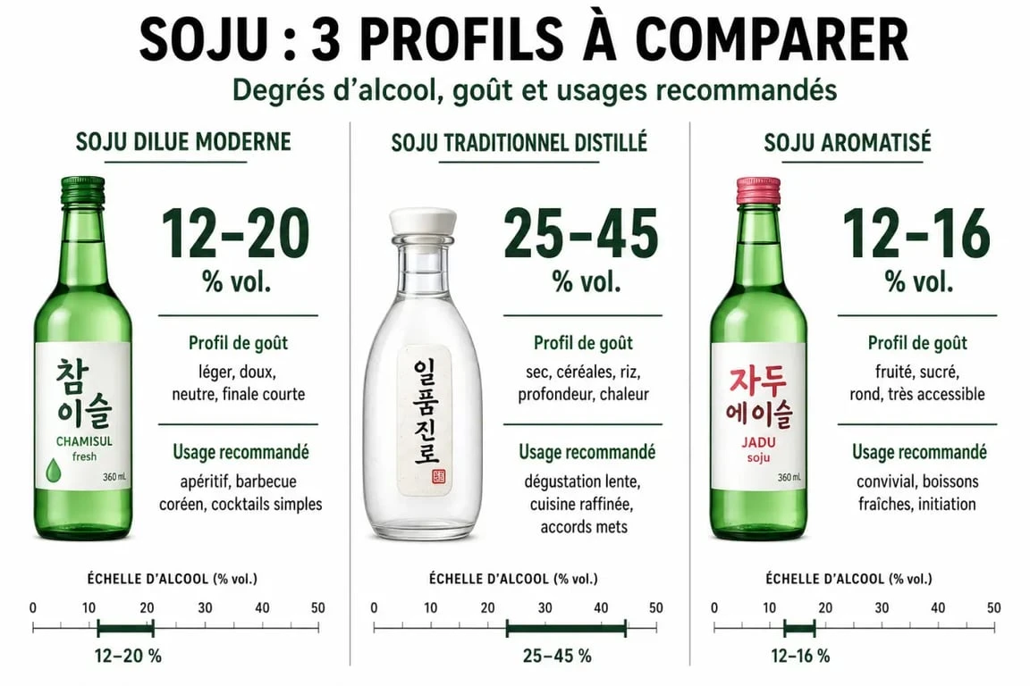 Infographie comparant le soju alcool dilué, traditionnel et aromatisé