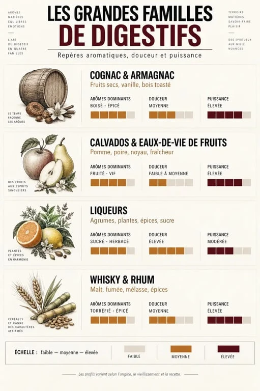 Infographie des grandes familles de digestifs et de leurs profils aromatiques