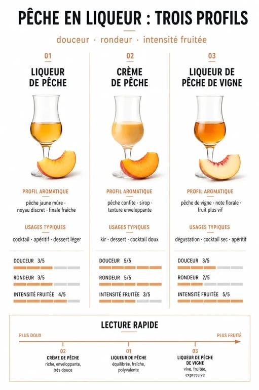 Liqueur de peche : comparaison visuelle entre liqueur de pêche, crème de pêche et pêche de vigne