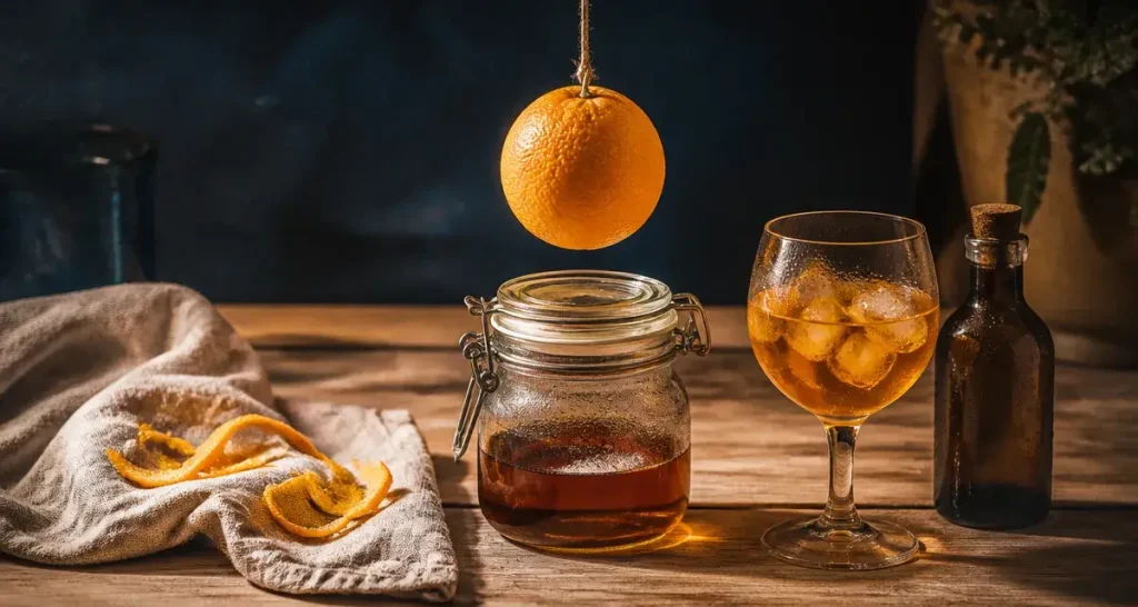 Liqueur d oranges maison au zeste, bouteille et verre sur glace