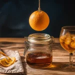 Liqueur d oranges maison au zeste, bouteille et verre sur glace