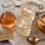 Liqueur de peche : bouteille, carafe et pêches sur bois