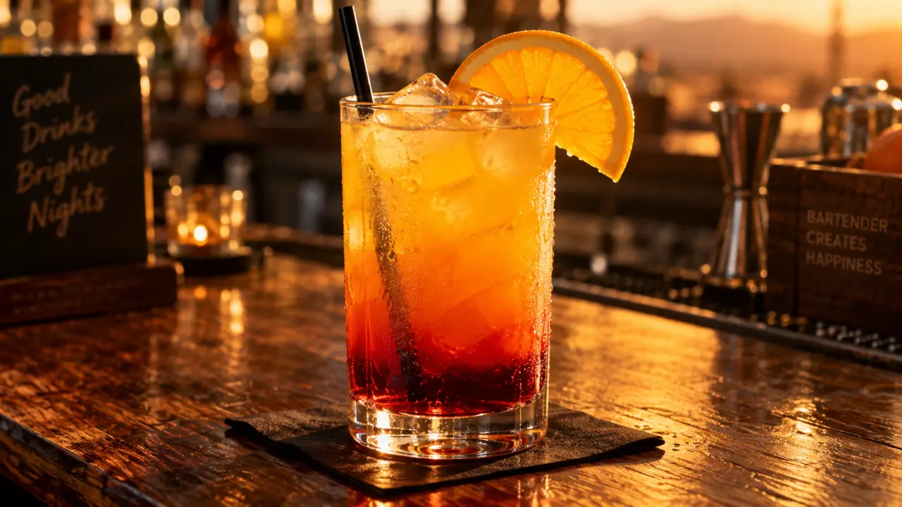Tequila Sunrise recettes : dégradé orange-rouge tequila, jus d’orange et grenadine