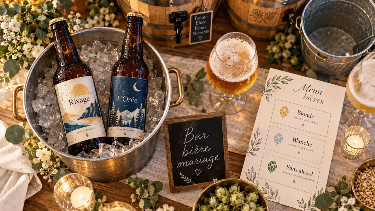 Bière artisanale mariage : bar bière avec blonde, blanche et sans alcool