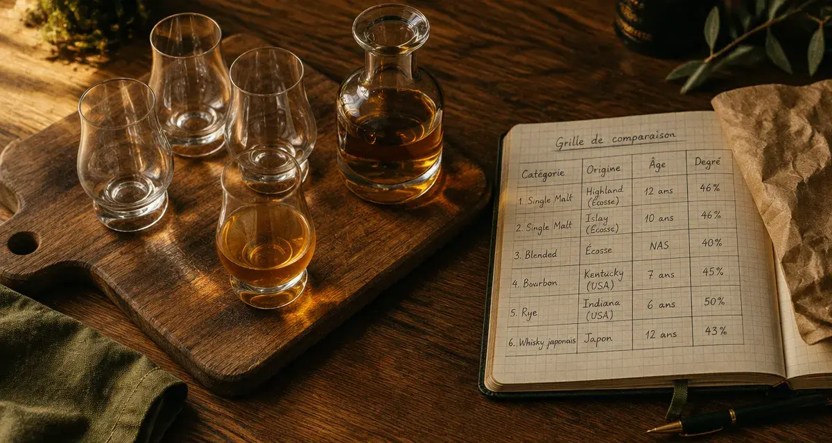 Classement whisky sur table : verres et carnet comparaison style fût degré