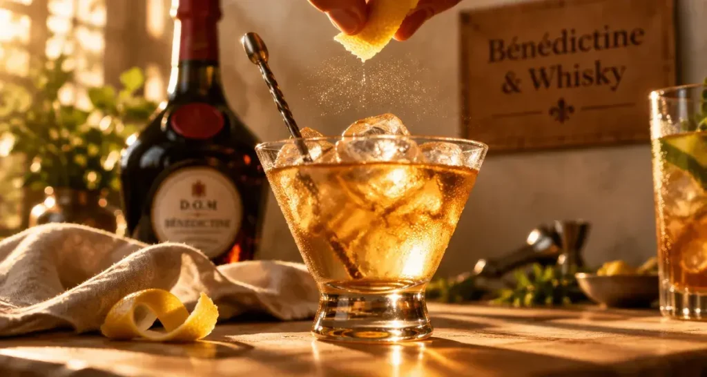 Cocktail benedictine au whisky, zeste de citron, glaçons et cuillère.