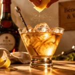 Cocktail benedictine au whisky, zeste de citron, glaçons et cuillère.