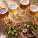 Craft beer : verres tulipe et houblon sur planche de dégustation