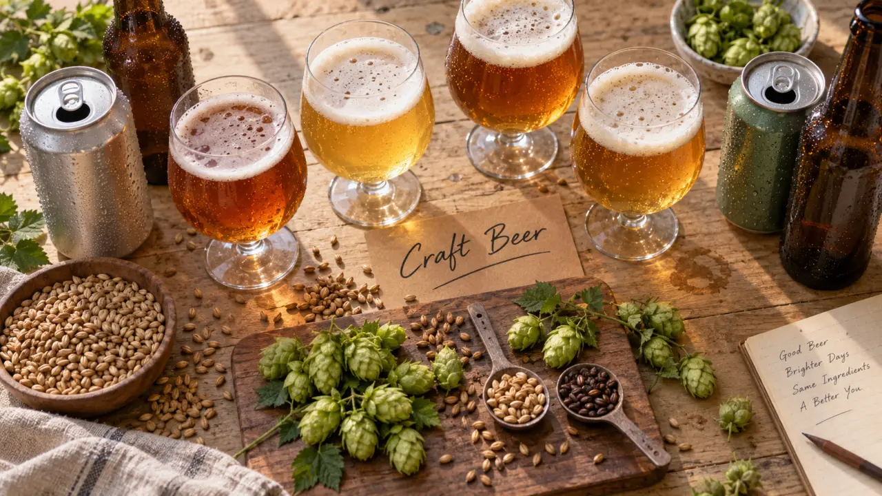 Craft beer : verres tulipe et houblon sur planche de dégustation