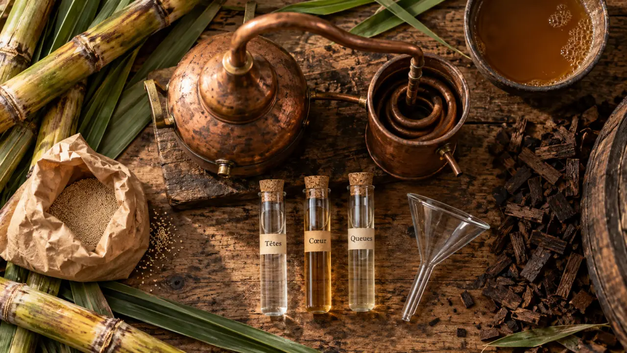 Distiller rhum : petit alambic cuivre, têtes cœur queues
