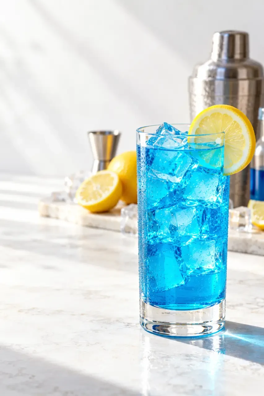 Recette Blue Lagoon dans un verre highball avec glaçons et rondelle de citron