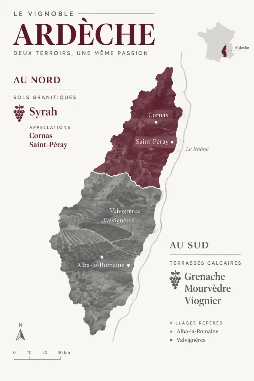 Carte du meilleur vin d'Ardèche : nord granitique de Syrah et sud calcaire de Grenache et Viognier