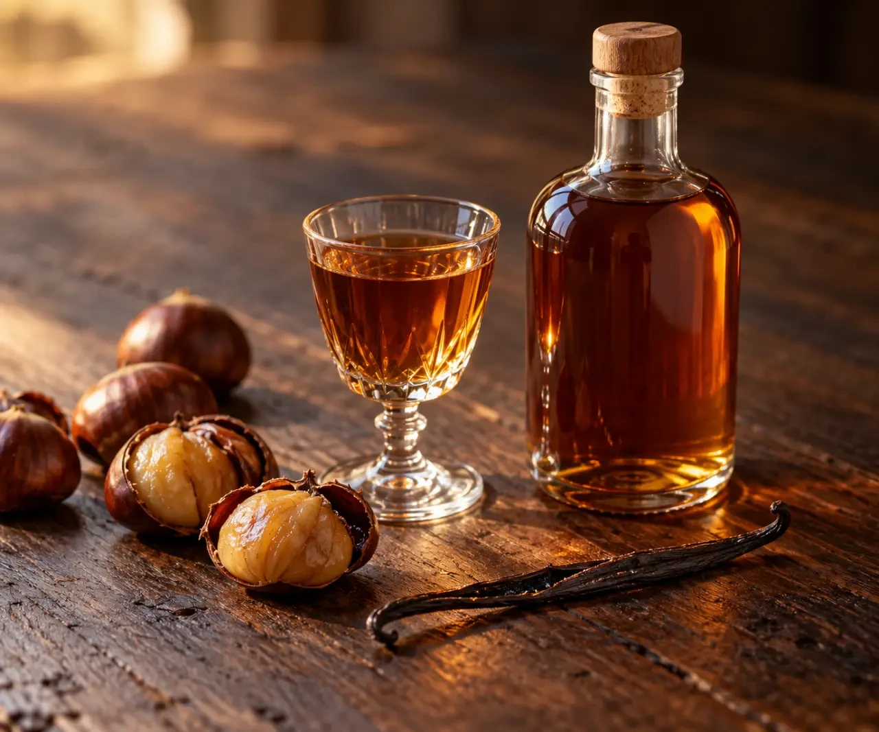 Liqueur de chataigne maison servie dans un verre avec des châtaignes et de la vanille