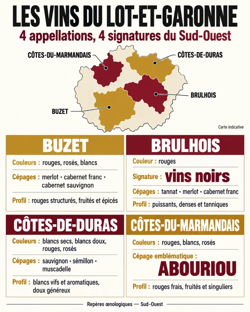 Infographie des meilleurs vins du Lot-et-Garonne : appellations Buzet, Brulhois, Duras et Marmandais