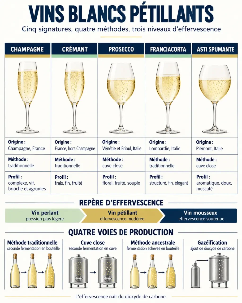 Infographie comparative du vin blanc pétillant, du champagne, du crémant et du prosecco