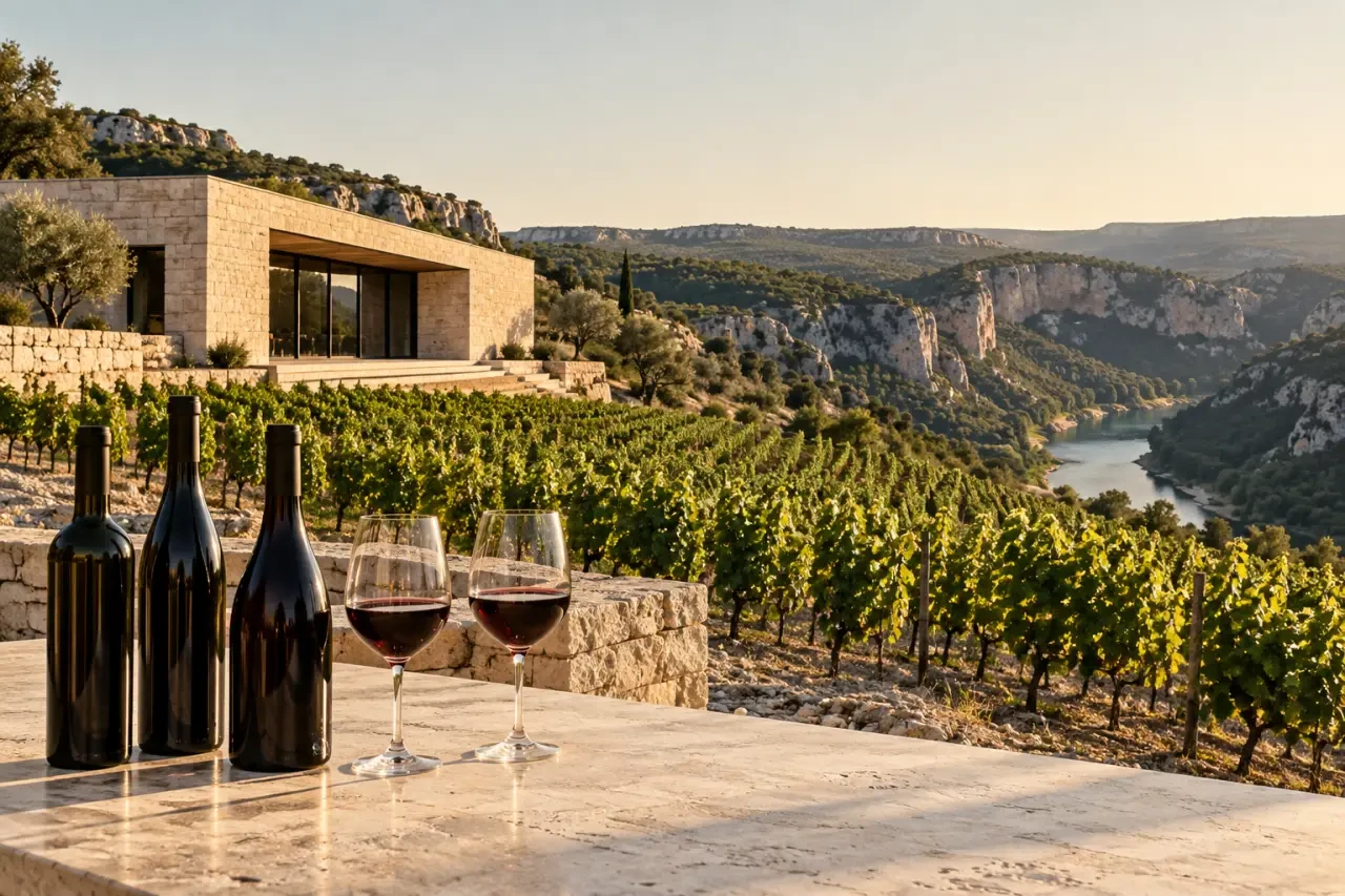 Producteur de vin en Ardèche dans un caveau viticole entouré de vignes