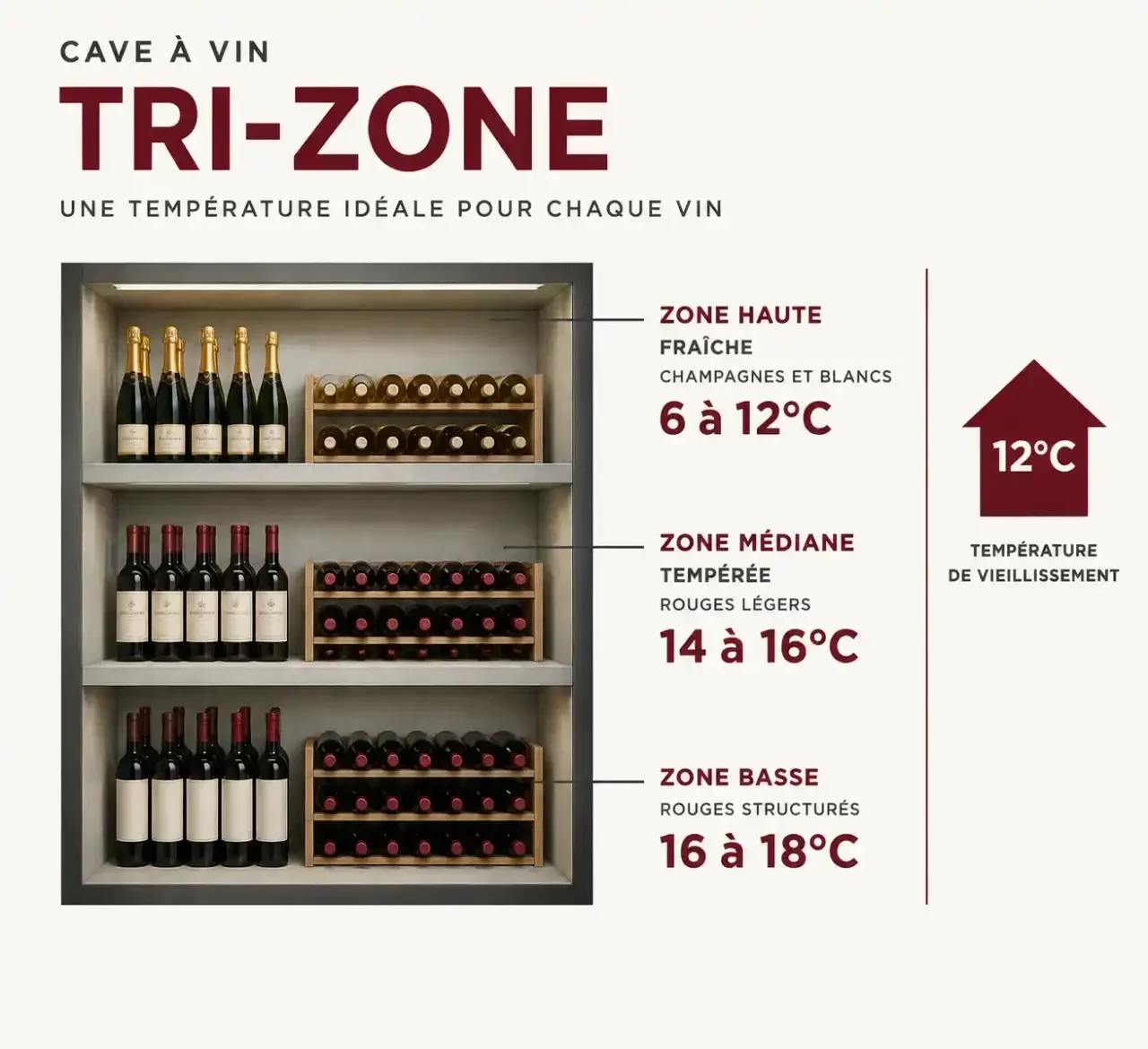 Schéma des zones de température d'une cave à vin Liebherr selon le type de vin : pétillants, blancs, rouges et vieillissement à 12°C