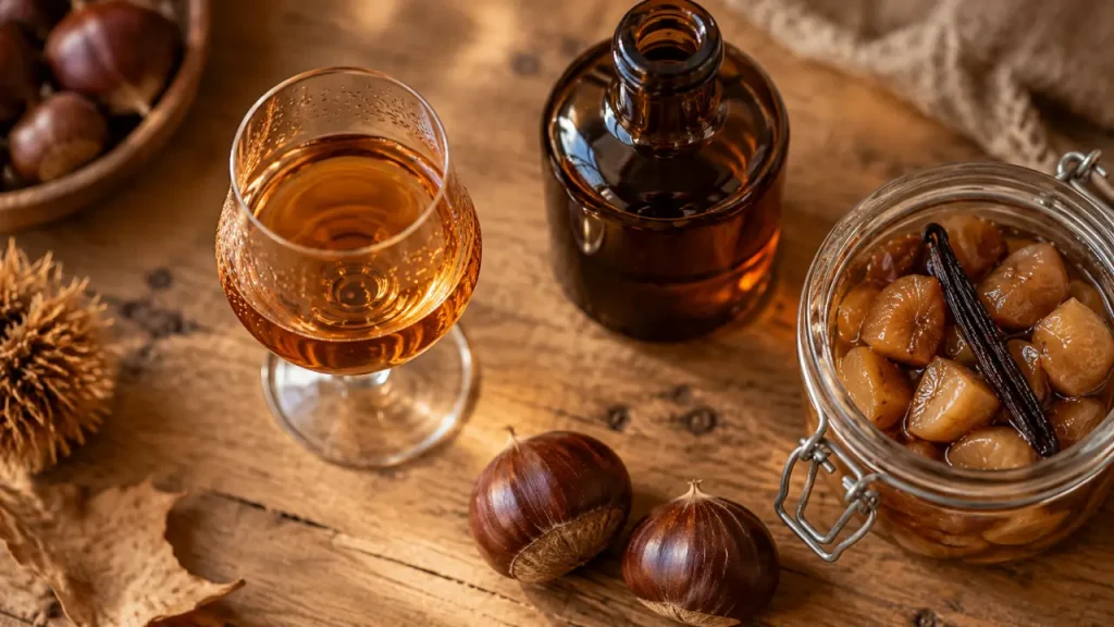 Liqueur de chataigne maison : verre, bocal de macération et châtaignes