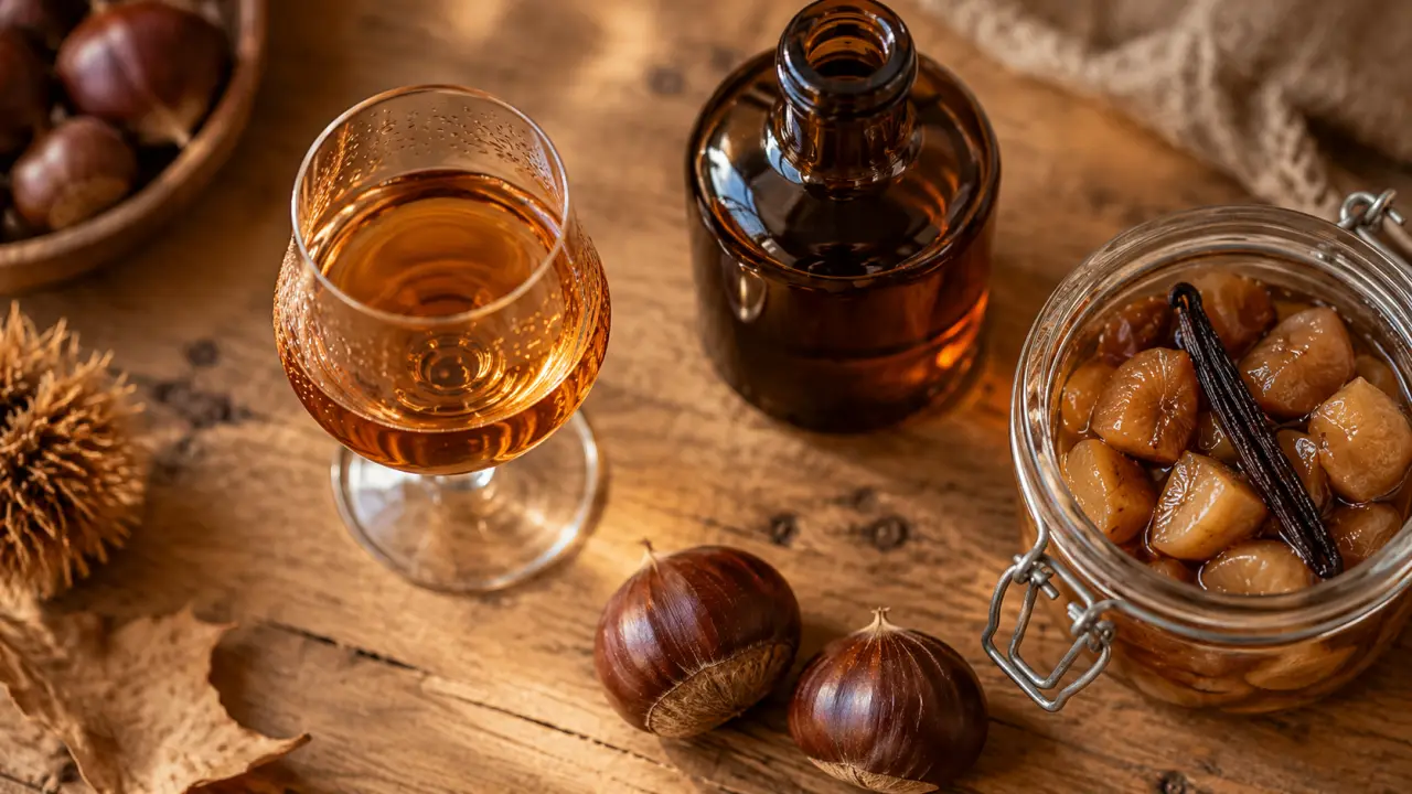 Liqueur de chataigne maison : verre, bocal de macération et châtaignes