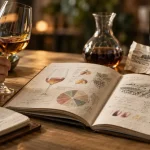 Livre oenologie ouvert et dégustation de vin sur table}}}