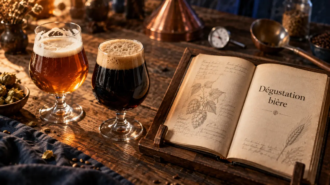 Livre sur la bière : dégustation, verres de bière ambrée